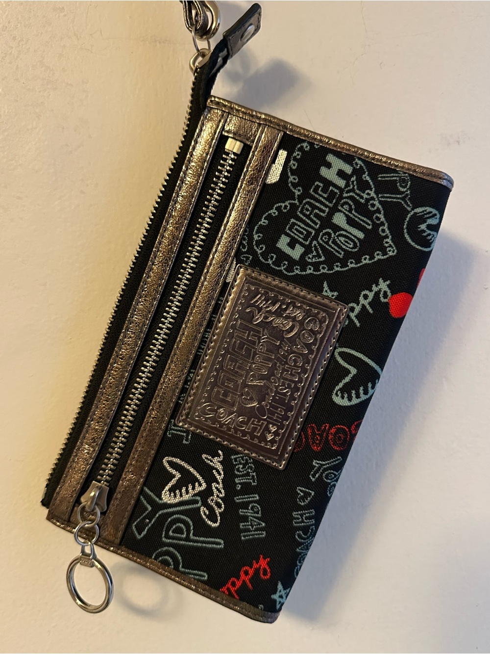 Coach Black Canvas Logo Wristlet with Teal, Red and Metallic Trim